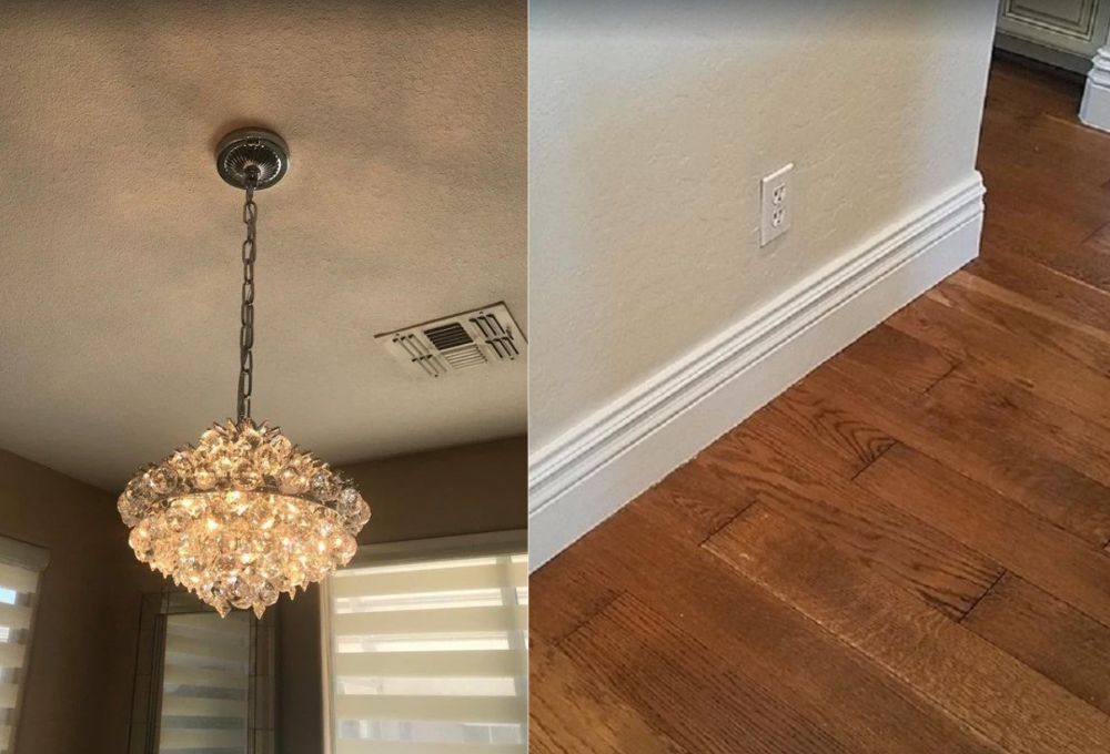 Split image: left shows a crystal chandelier hanging from the ceiling; right shows a hardwood floor with white baseboard trim.