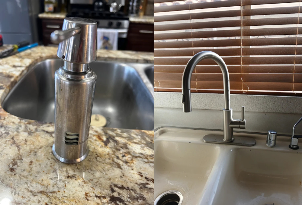 Collage showing two faucets: left a chrome single-handle faucet on a granite counter; right a tall curved kitchen faucet over a white sink by a window.