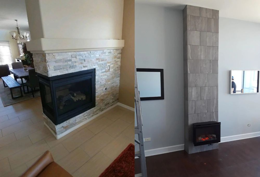 Living room with a stone-surround fireplace on the left and a freestanding fireplace with a tall stone column on the right.