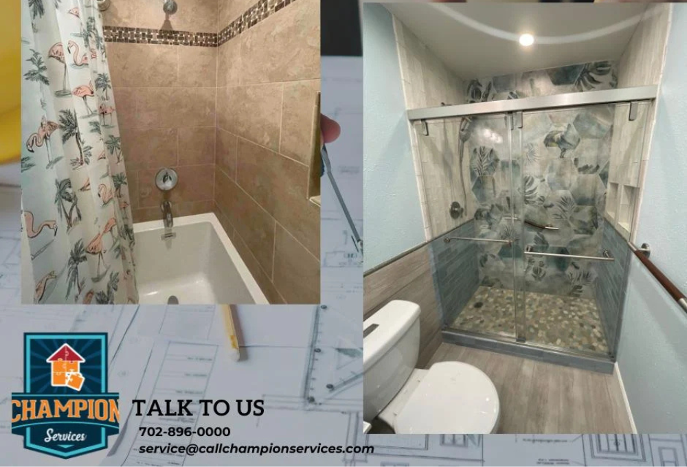 Split bathroom photo: left shows a white toilet and tiled shower area; right shows a granite-topped vanity with sink and framed mirrors.