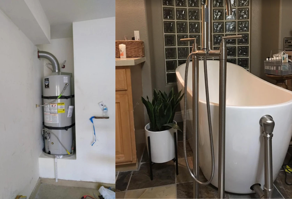 Left utility area with a water heater; right a stylish bathroom featuring a freestanding tub with metal rail and handheld faucet.
