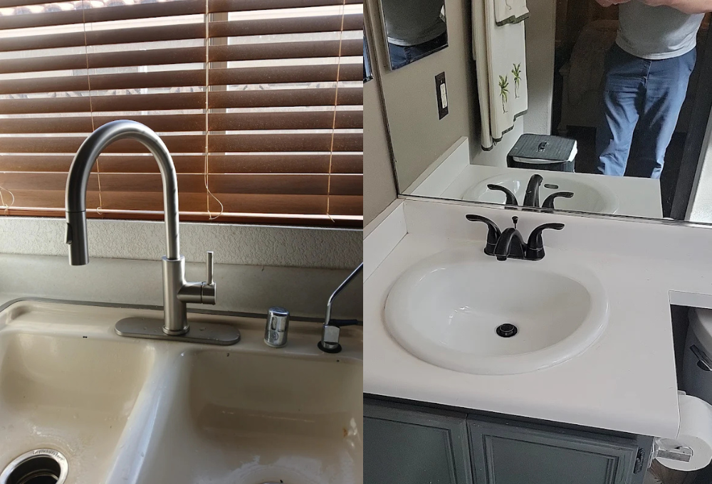 Left: kitchen sink with tall curved faucet and window blinds; Right: bathroom vanity with sink and mirror.