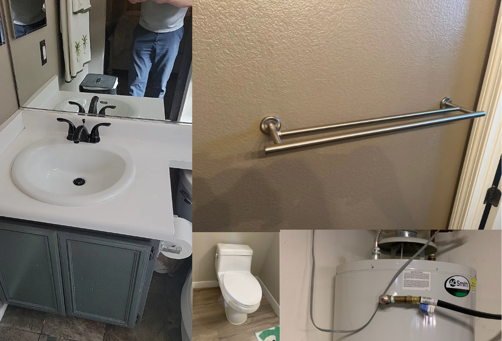 Bathroom with white sink on a gray vanity, towel bar on tan wall, and a toilet nearby.