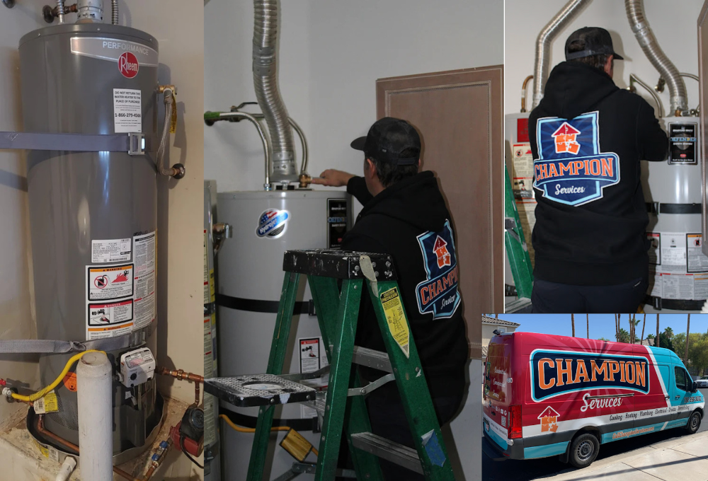 Two technicians work on boilers; one on a ladder near exposed pipes and equipment.