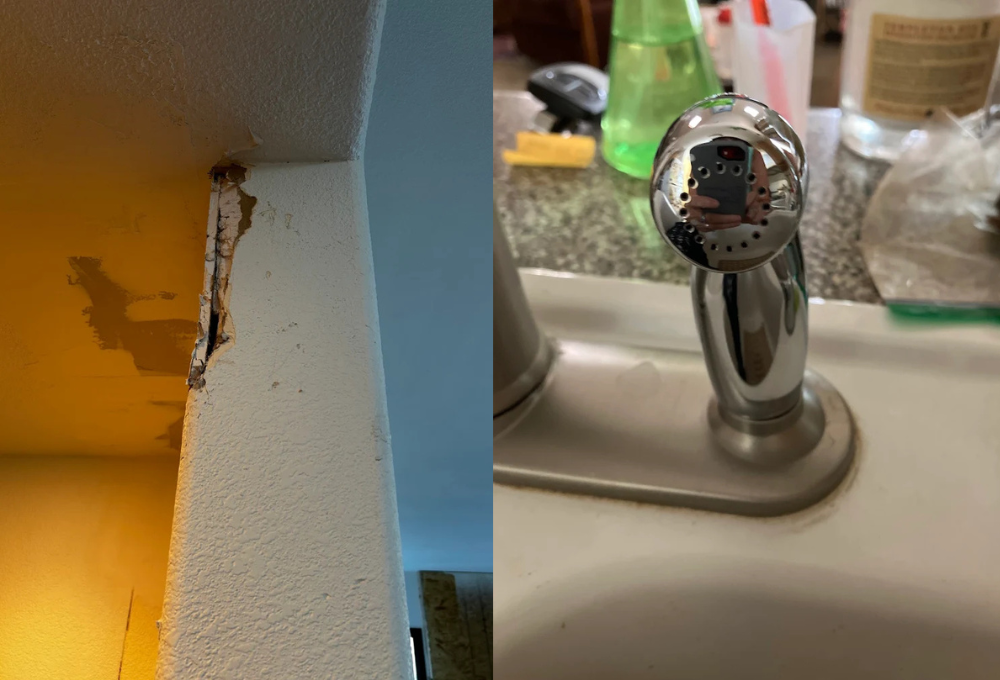 Left: ceiling corner with brown water stain; Right: chrome bathroom faucet with lever handle.