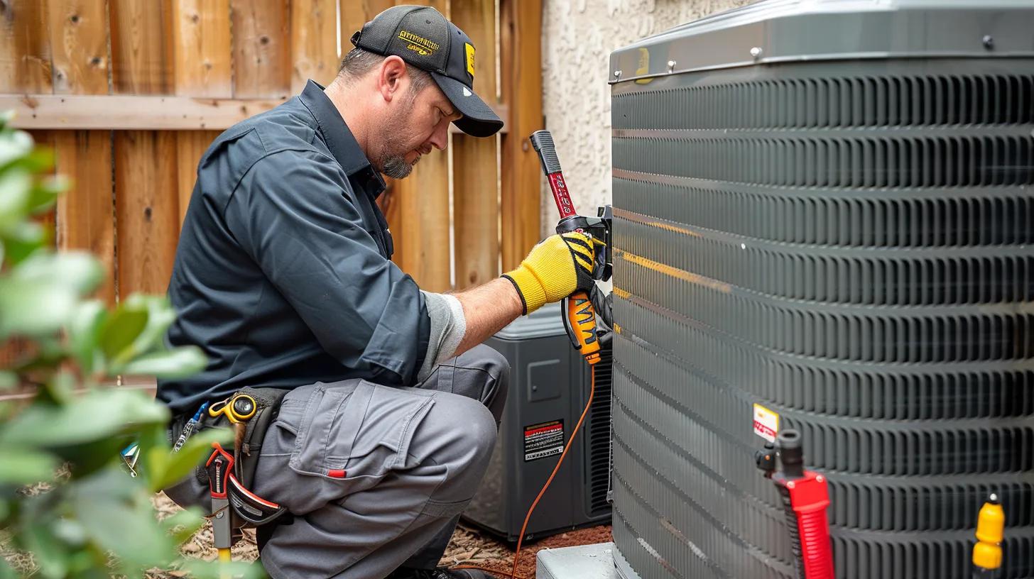 HVAC technician performing summer maintenance on an air conditioning unit in a Las Vegas home