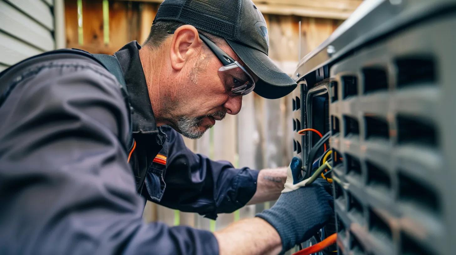 Technician inspecting air conditioning unit, focusing on maintenance tasks