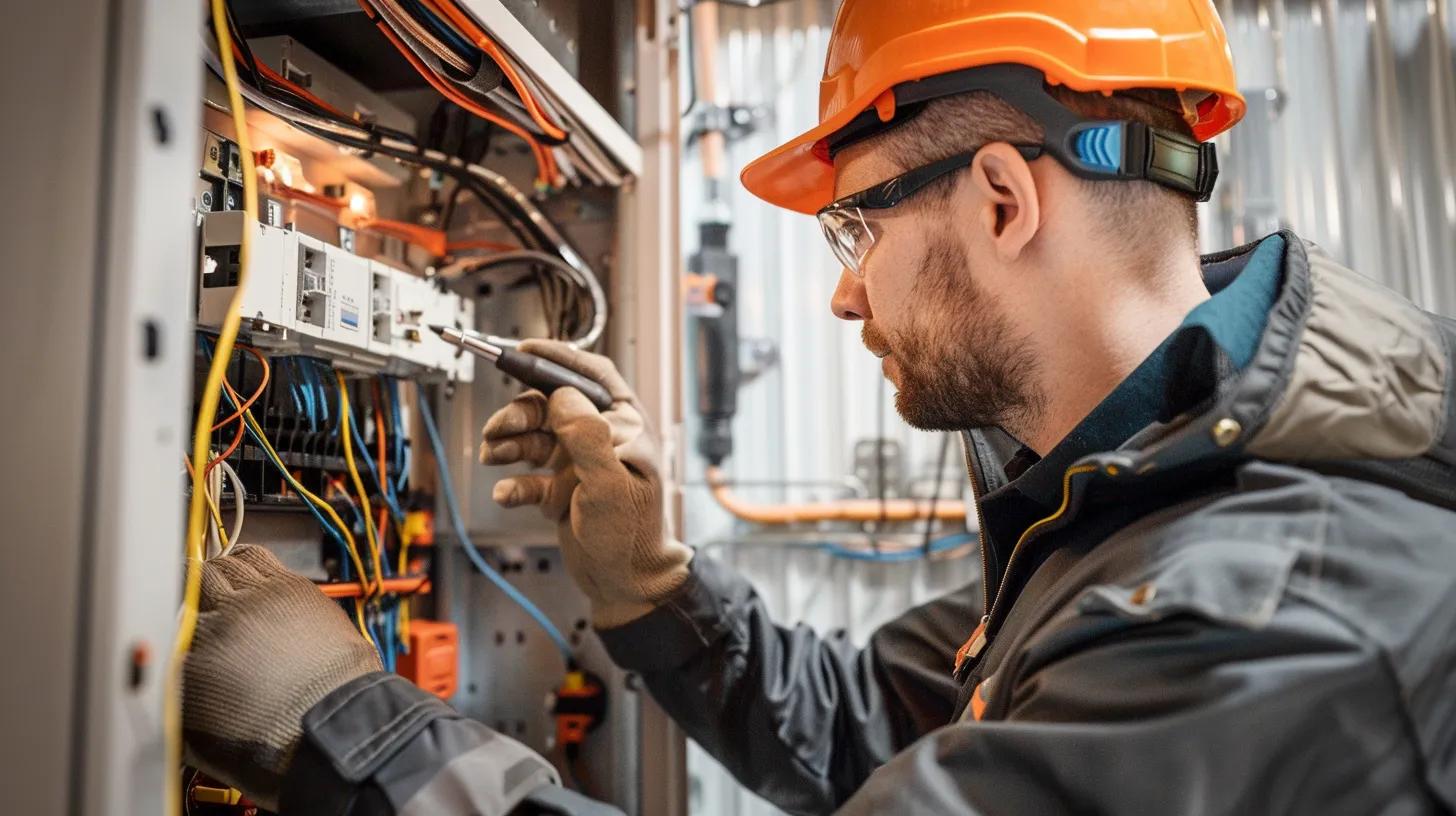 Electrician inspecting electrical panel, emphasizing safety and maintenance