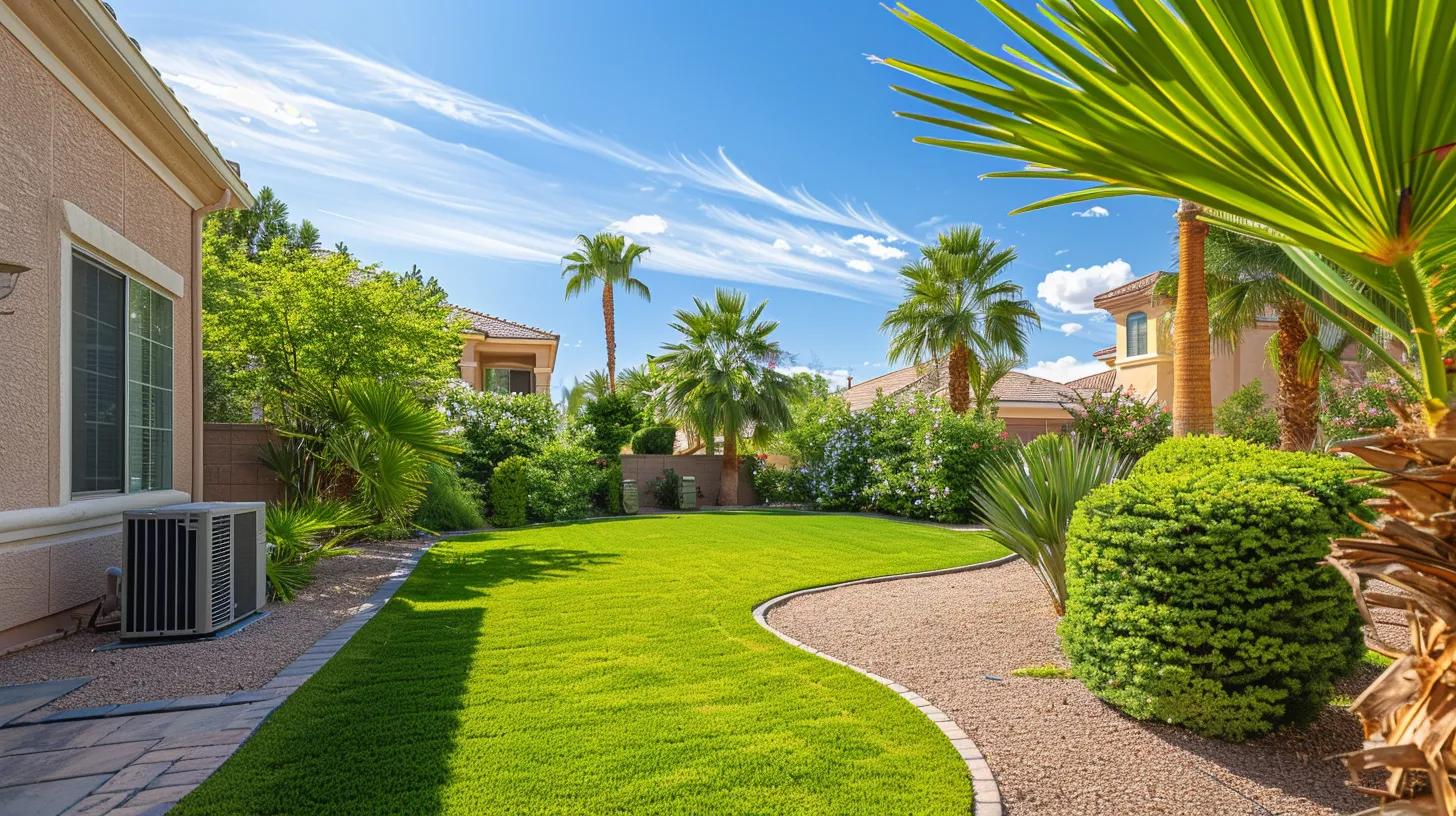 Las Vegas home ready for summer maintenance with a clear blue sky and green lawn