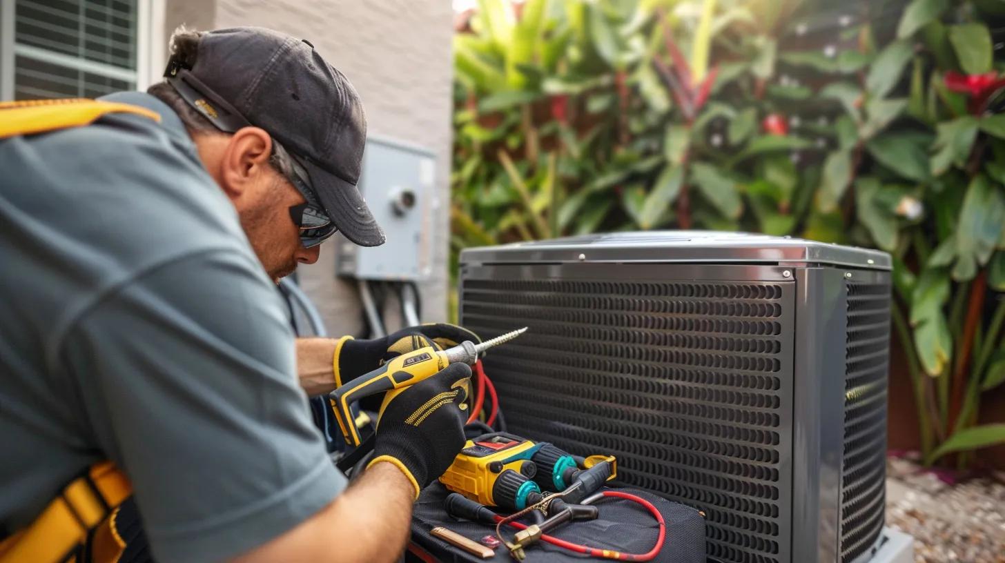 HVAC technician diagnosing air conditioning unit during emergency repair