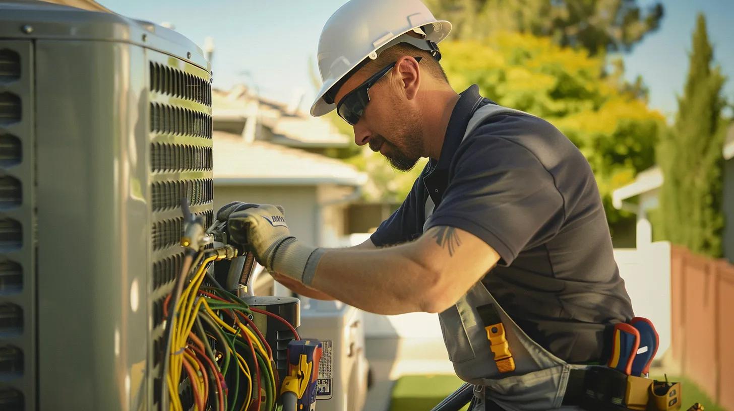 HVAC technician repairing air conditioning unit in Las Vegas summer