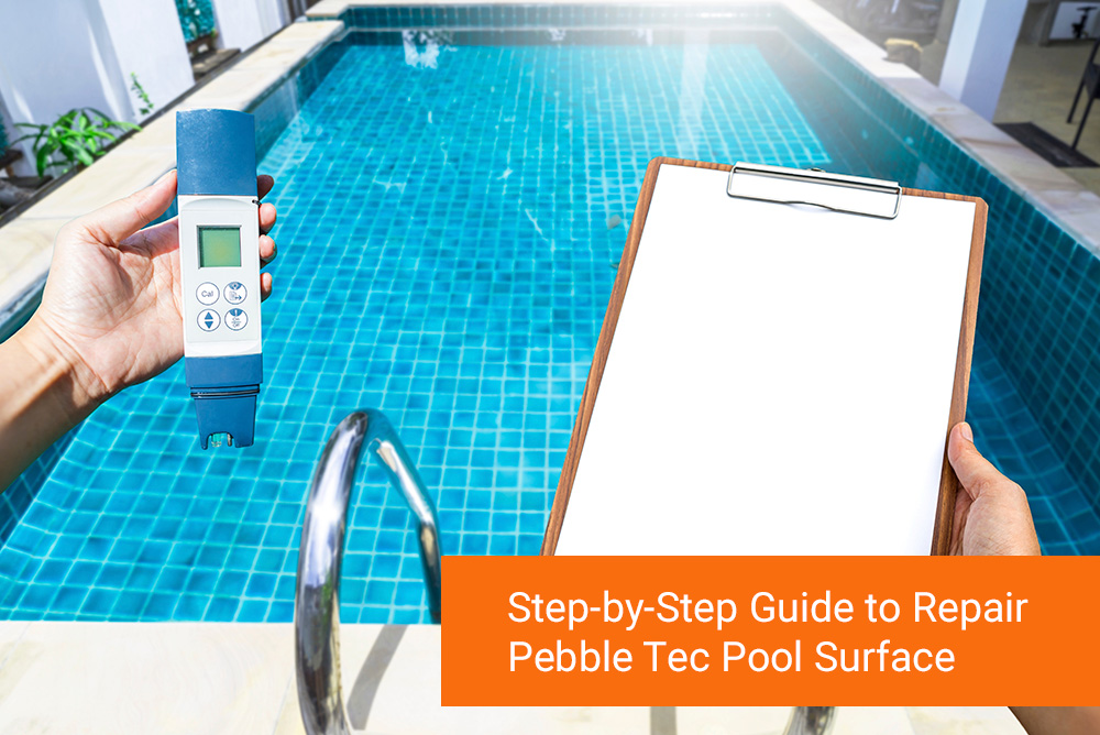 A person holds a pool water tester and a blank clipboard by a bright blue tiled swimming pool.
