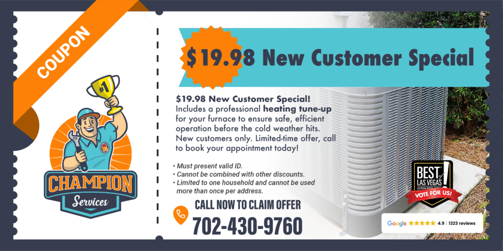 Coupon graphic: $19.98 New Customer Special, orange banner, Champion Service logo, and phone number.