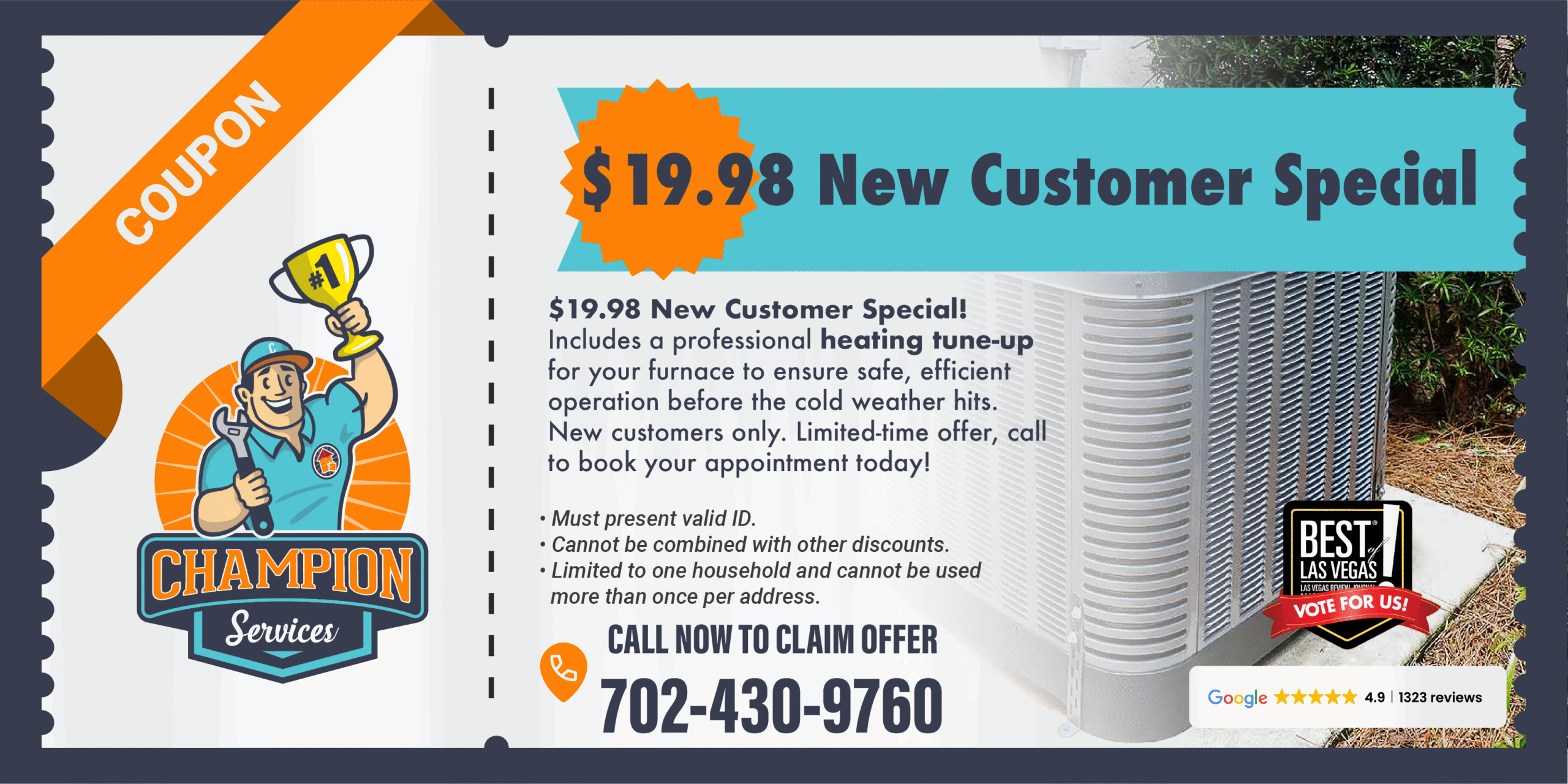 Coupon graphic: $19.98 New Customer Special, orange banner, Champion Service logo, and phone number.