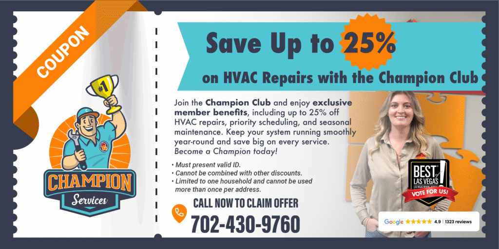 Coupon: Save up to 25% on HVAC repairs with the Champion Club; two people pictured, orange banner, and contact info.
