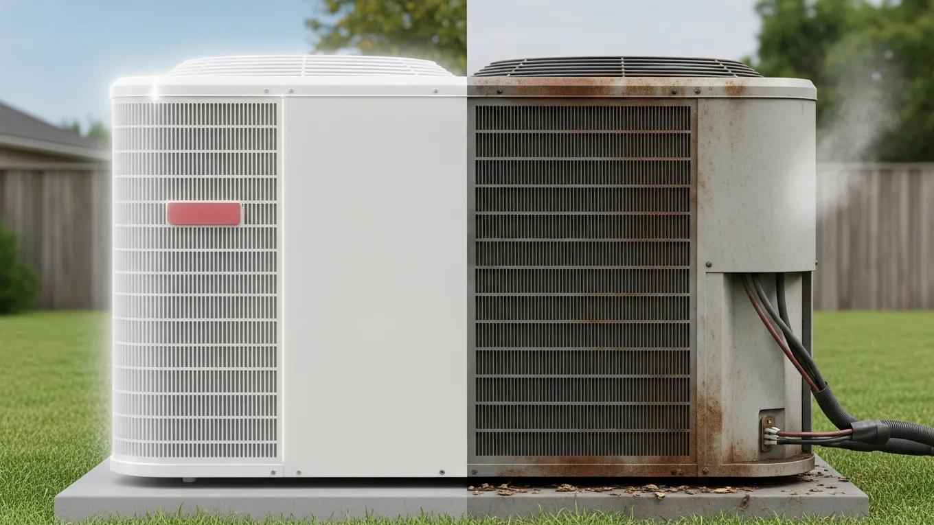 Comparison of a well-maintained AC unit and an overworked, damaged unit in a residential setting
