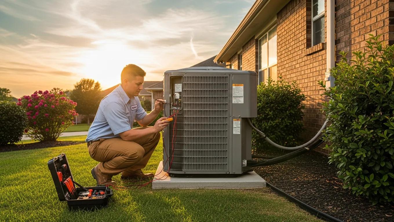 HVAC technician performing maintenance on air conditioning unit outdoors