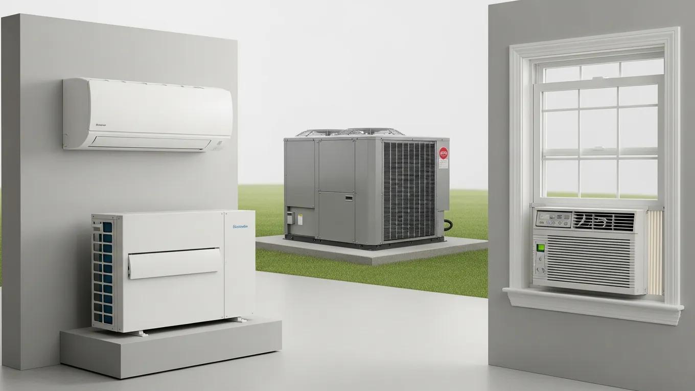 Different types of air conditioning systems including central, ductless, and window units for replacement options