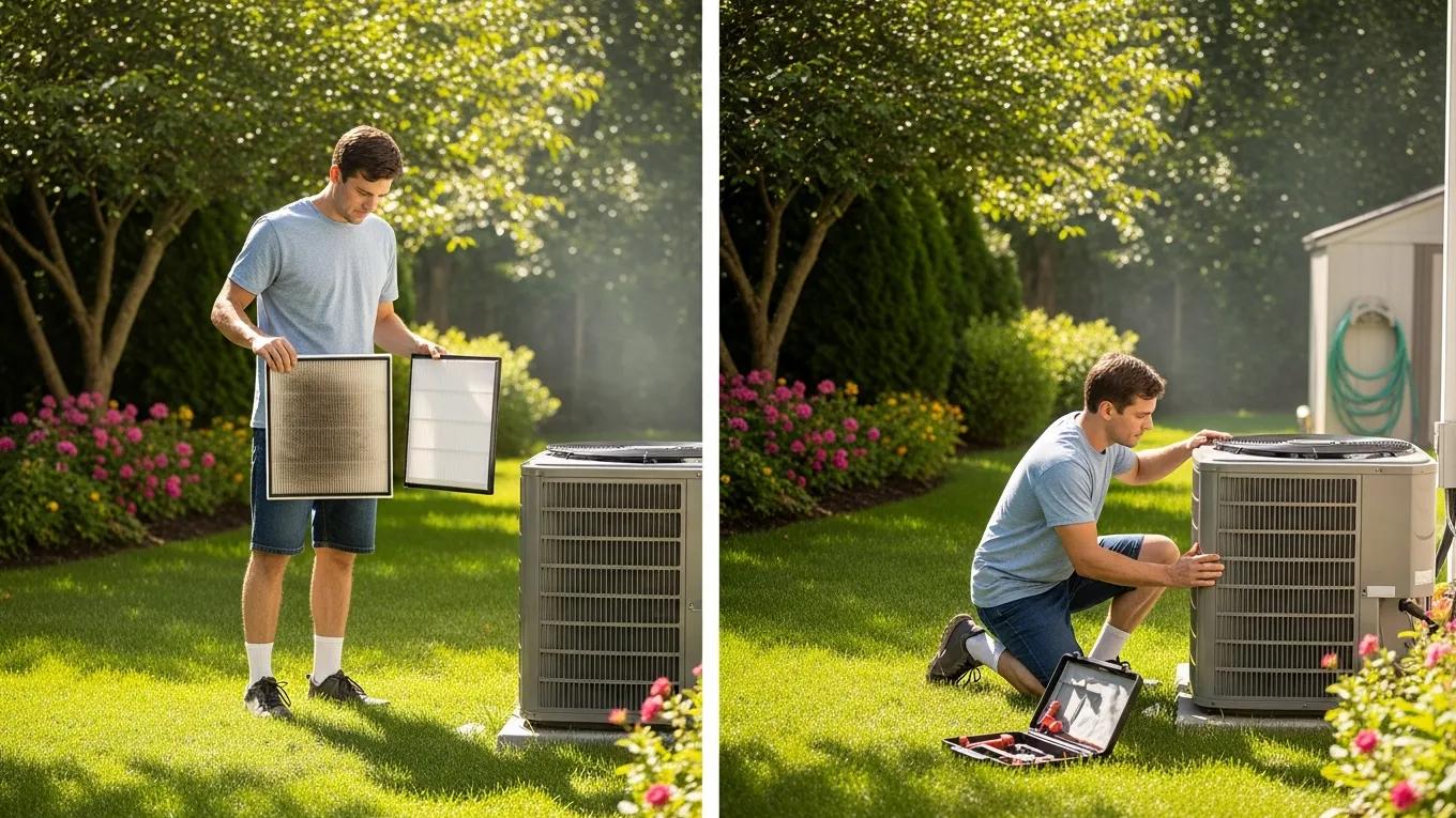 Homeowner performing preventive maintenance on HVAC system
