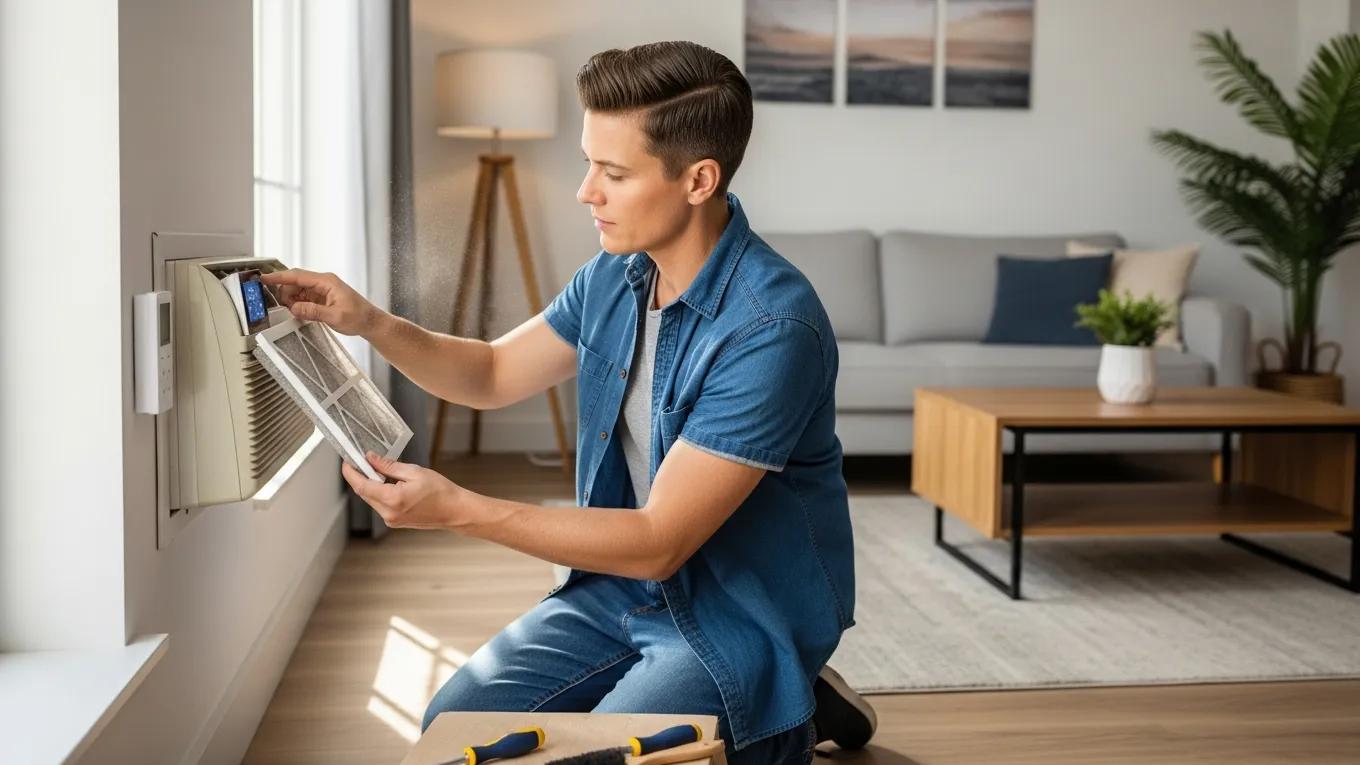 Homeowner troubleshooting air conditioning unit by checking thermostat and air filter