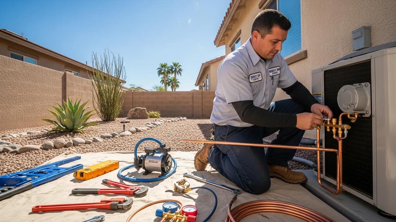 HVAC technician installing a new air conditioning unit in a Las Vegas home, illustrating the installation process