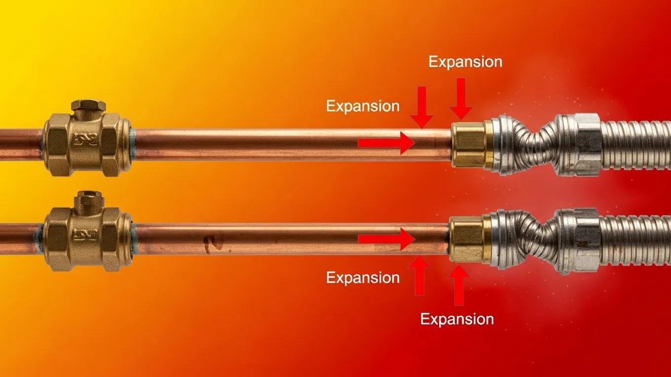 Illustration of thermal expansion effects on plumbing pipes due to summer heat