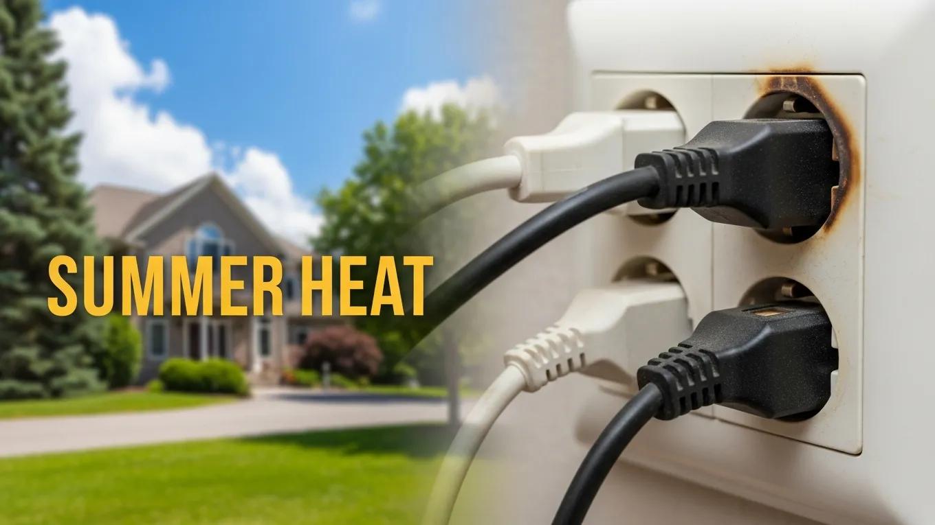 Overloaded electrical outlet showing signs of wear during summer heat, highlighting electrical hazards
