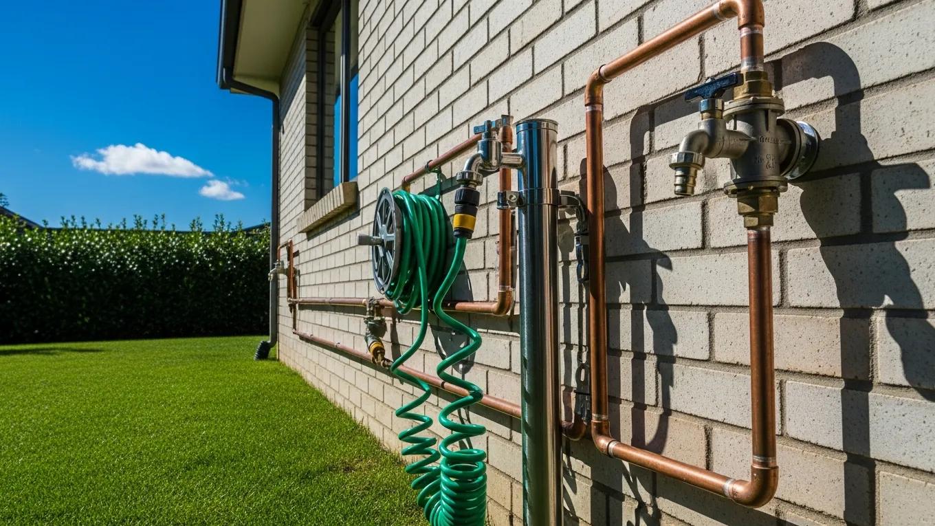 Residential plumbing system exposed to summer heat, highlighting pipes and fixtures